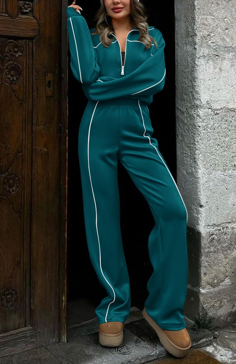 BTFBM Women's Two Piece Tracksuit Spring 2026 Long Sleeve Zip Up Sweatshirt Long Pants Outfits Jogger Sweatsuit Sets(Solid Blue Green,Small) - Image 3