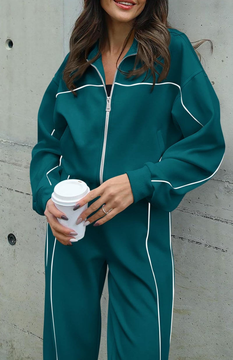 BTFBM Women's Two Piece Tracksuit Spring 2026 Long Sleeve Zip Up Sweatshirt Long Pants Outfits Jogger Sweatsuit Sets(Solid Blue Green,Small) - Image 4