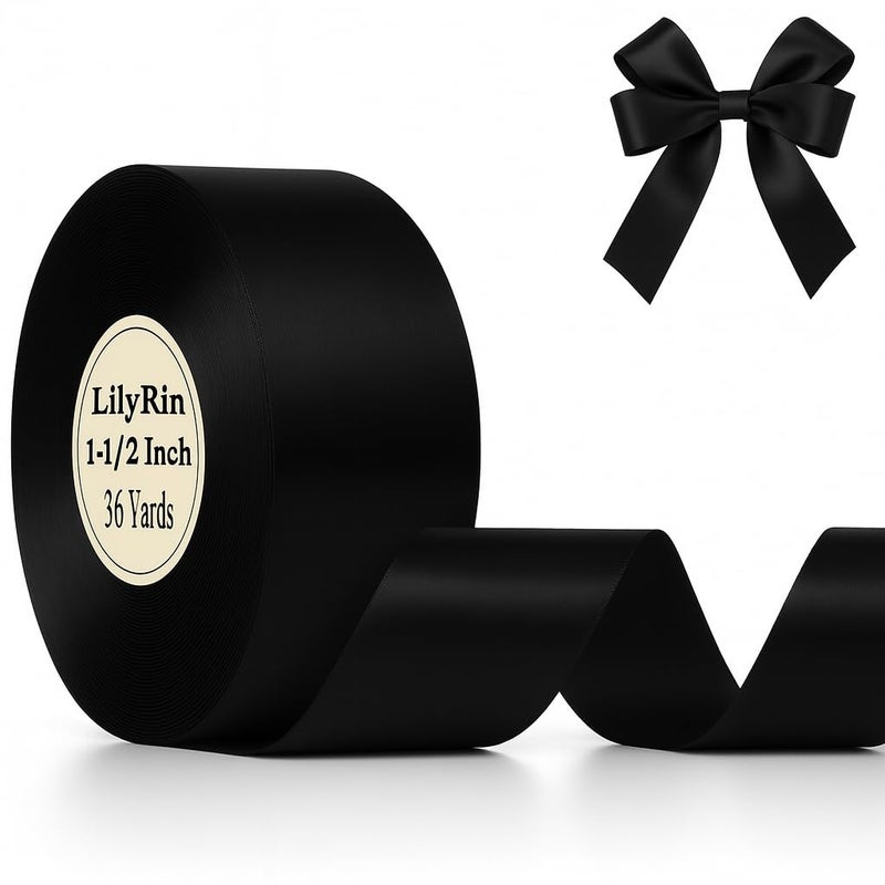 LilyRin Black Ribbon 1.5 Inch 36 Yards Halloween Satin Roll Perfect for Scrapbooking Art Wedding Wreath Baby Shower Packing Floral Birthday Wrapping DIY Hair Bows Corset Christmas Handmade Birthday Box 1-1/2 - Image 1