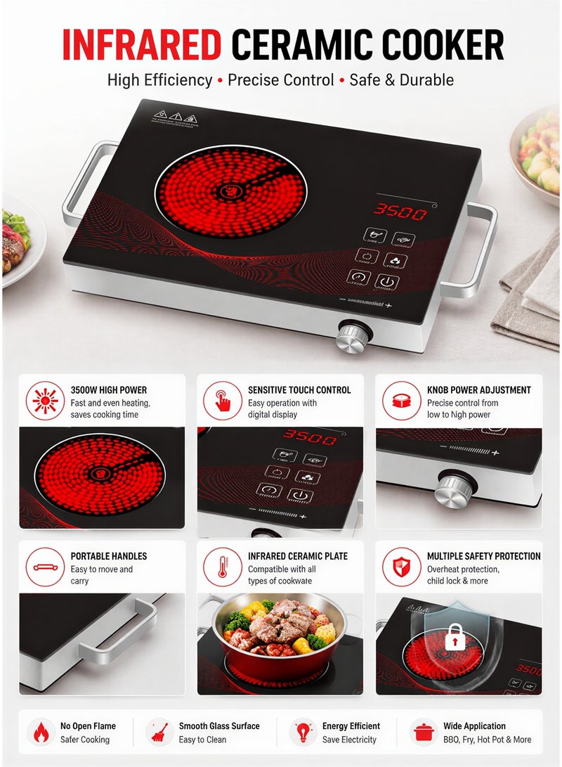 CUBEXELL Portable Infrared Electric Cooker,3500W Single Burner Electric Cooktop with 8 Adjustable Temperature Levels,Digital Infrared Heating with Precise Touch Control & 3-Hour Timer for Versatile Cooking - Image 2
