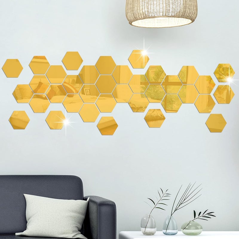HOME ELEMENTS 9 Pcs Hexagon Designer Real Mirror Wall Mount Glass Mirror Aesthetic for Home Decoration Bedroom Living Room Wall Decal Decoration (Gold) - Image 2