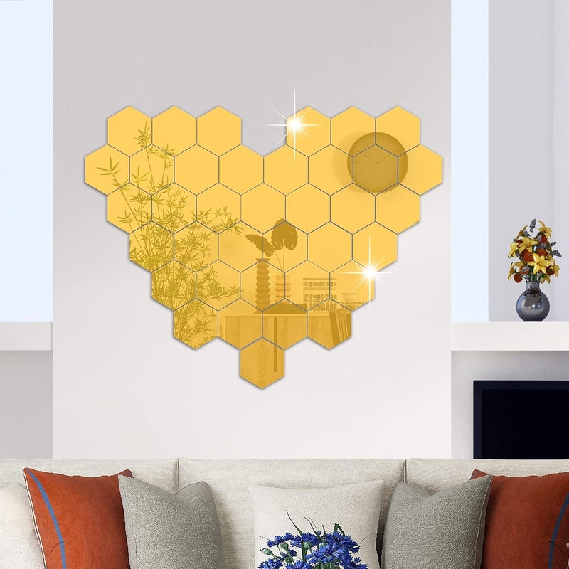 HOME ELEMENTS 9 Pcs Hexagon Designer Real Mirror Wall Mount Glass Mirror Aesthetic for Home Decoration Bedroom Living Room Wall Decal Decoration (Gold) - Image 4