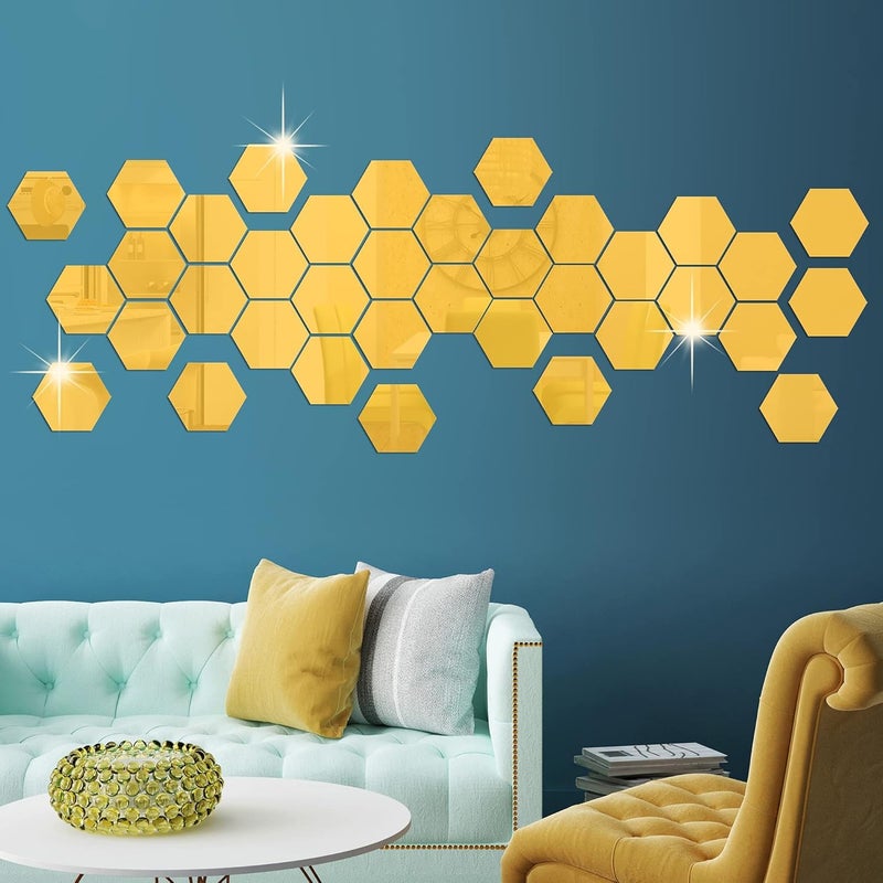 HOME ELEMENTS 9 Pcs Hexagon Designer Real Mirror Wall Mount Glass Mirror Aesthetic for Home Decoration Bedroom Living Room Wall Decal Decoration (Gold) - Image 3