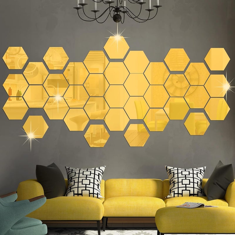 HOME ELEMENTS 9 Pcs Hexagon Designer Real Mirror Wall Mount Glass Mirror Aesthetic for Home Decoration Bedroom Living Room Wall Decal Decoration (Gold) - Image 1