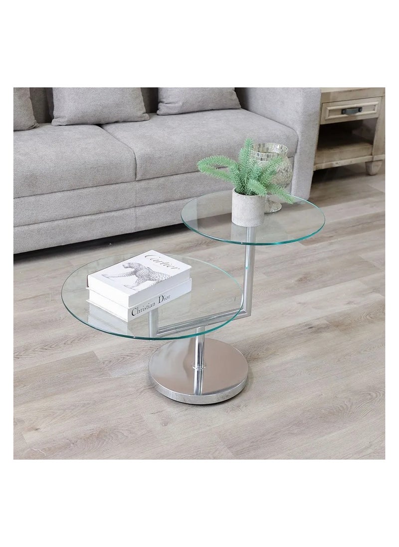 DANUBE HOME Kadita End Table 2 in 1 Multifunctional Living Room Small Desk Space Saving Round Side Table For Modern Home Chrome Plated/Clear Glass 85x55x56 cm  - Image 1