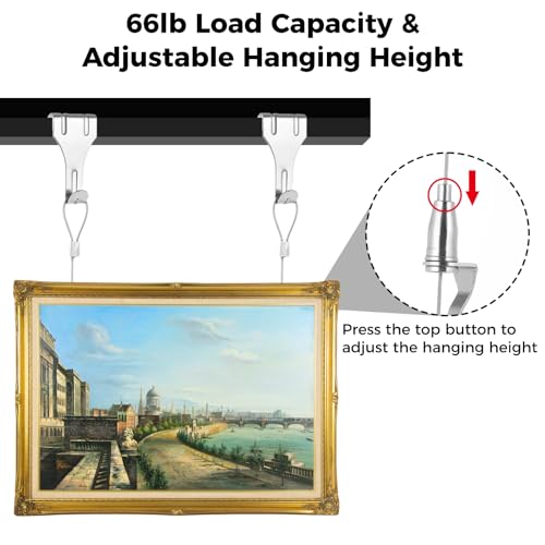 yeesport Picture Rail Hanging System with Hook, 66 lb (30 kg) Max Load, Adjustable Wire Hooks Kit, 6.6 ft (2 m) Length Cable with Loop, Picture Hanging Kit (12 Pack) - Image 4