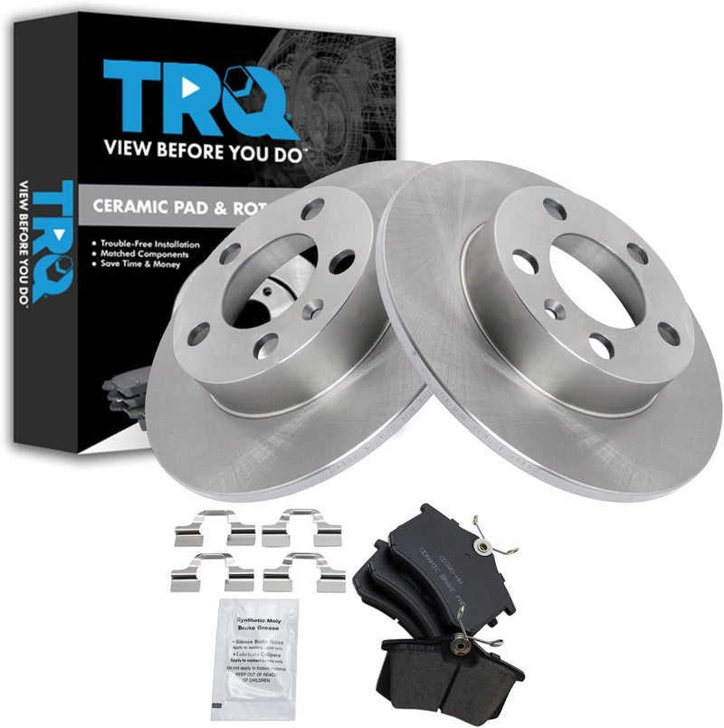 TRQ Rear Brake Pad and Rotor Set Ceramic Solid Rotors Compatible with 2007-2010 Volkswagen Beetle 1999 Jetta 1999 Golf - Image 1