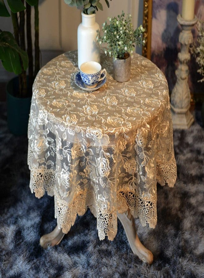 SUTAVIA Lace Rose Fabric Round Tablecloth Gold Floral Coffee Table Cover Classic Dustproof Table Protector for Dining Room Picnic Wedding Party Banquet Home Decor (Gold, 33 inch Round) - Image 3