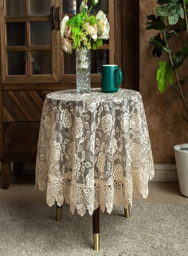 SUTAVIA Lace Rose Fabric Round Tablecloth Gold Floral Coffee Table Cover Classic Dustproof Table Protector for Dining Room Picnic Wedding Party Banquet Home Decor (Gold, 33 inch Round) - Image 1