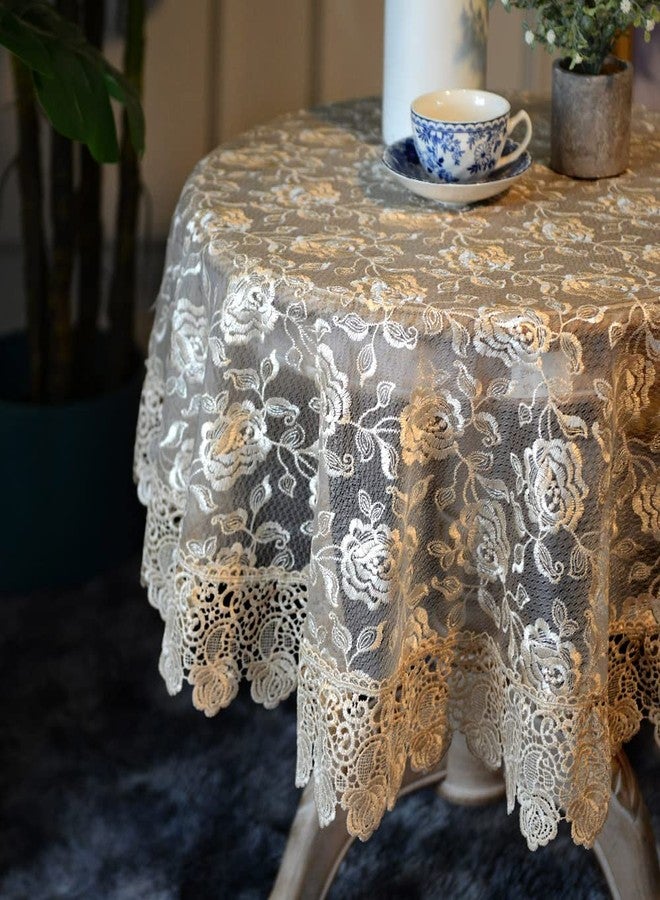 SUTAVIA Lace Rose Fabric Round Tablecloth Gold Floral Coffee Table Cover Classic Dustproof Table Protector for Dining Room Picnic Wedding Party Banquet Home Decor (Gold, 33 inch Round) - Image 4