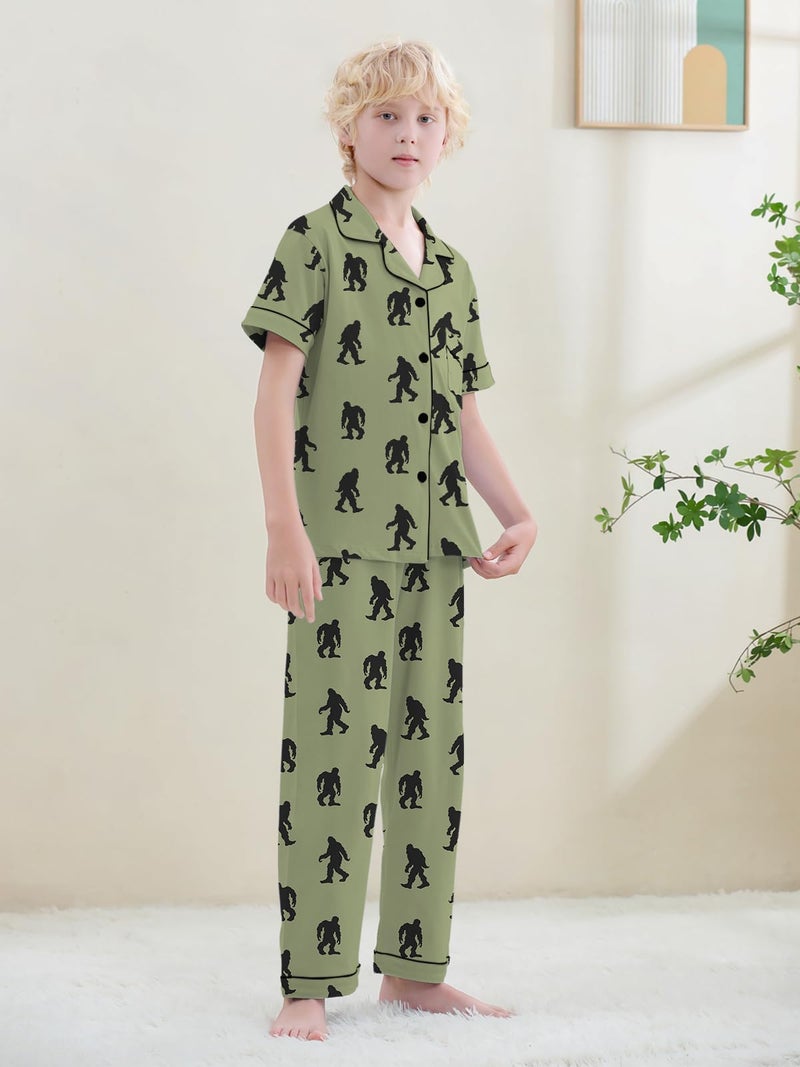 Umeyda Boys Pajamas, Short Sleeve and Long Pants, 2 Pcs PJ Set Kid Sleepwear Button-Up Classic & Comfy Jammies, Orangutan Green, for Ages 9-10 Years = Tag 150 - Image 2