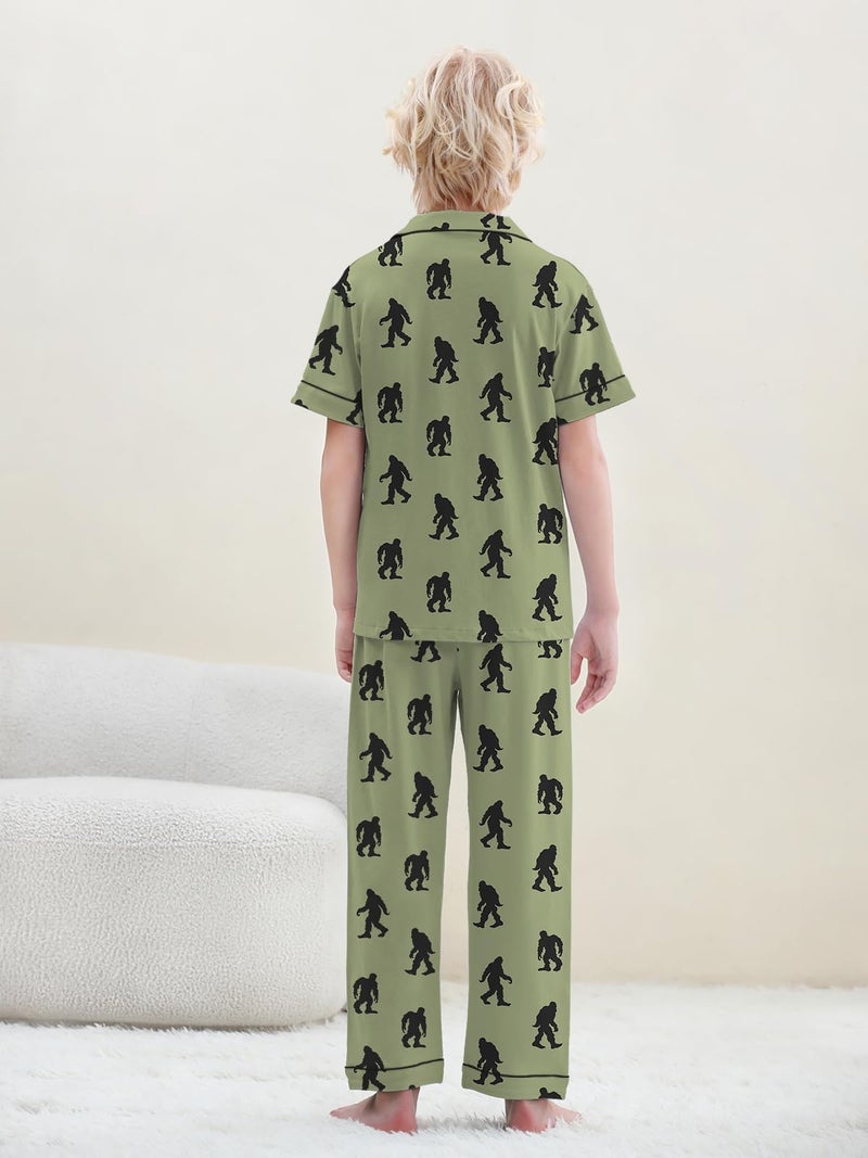 Umeyda Boys Pajamas, Short Sleeve and Long Pants, 2 Pcs PJ Set Kid Sleepwear Button-Up Classic & Comfy Jammies, Orangutan Green, for Ages 9-10 Years = Tag 150 - Image 5