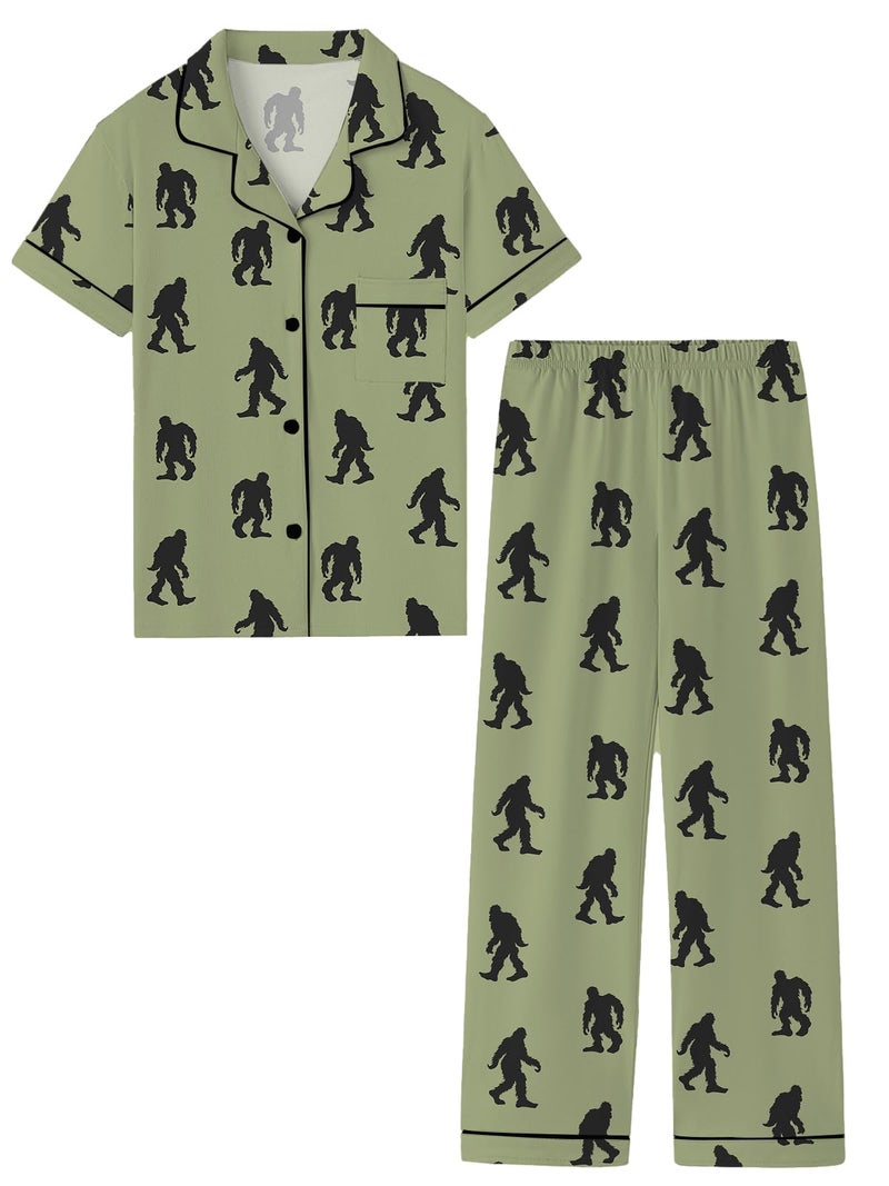 Umeyda Boys Pajamas, Short Sleeve and Long Pants, 2 Pcs PJ Set Kid Sleepwear Button-Up Classic & Comfy Jammies, Orangutan Green, for Ages 9-10 Years = Tag 150 - Image 1