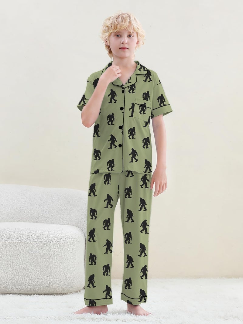 Umeyda Boys Pajamas, Short Sleeve and Long Pants, 2 Pcs PJ Set Kid Sleepwear Button-Up Classic & Comfy Jammies, Orangutan Green, for Ages 9-10 Years = Tag 150 - Image 3