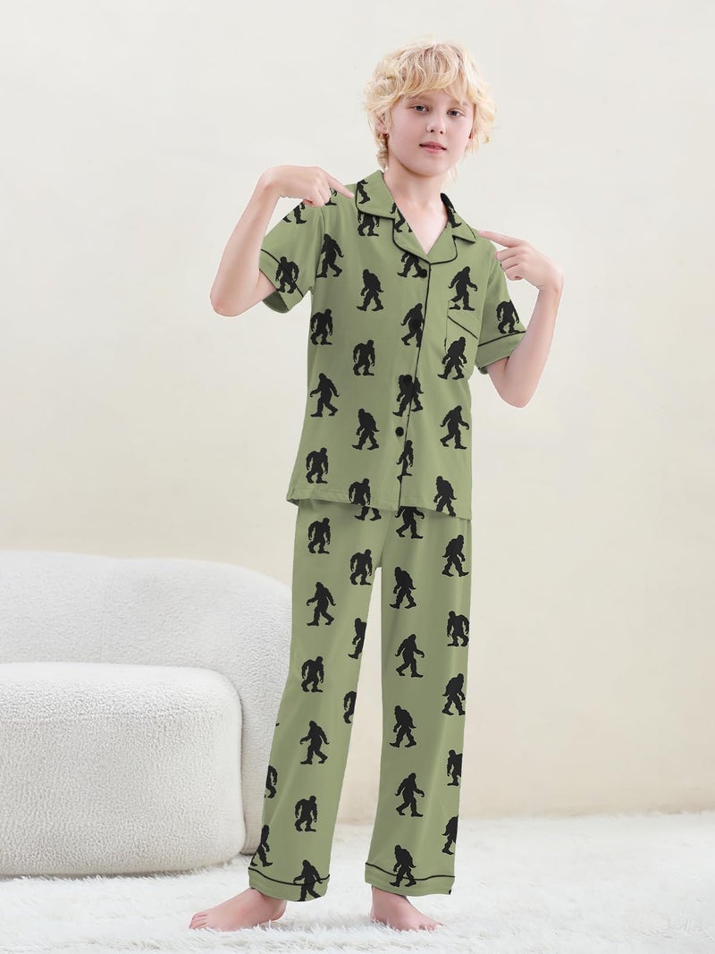 Umeyda Boys Pajamas, Short Sleeve and Long Pants, 2 Pcs PJ Set Kid Sleepwear Button-Up Classic & Comfy Jammies, Orangutan Green, for Ages 9-10 Years = Tag 150 - Image 4