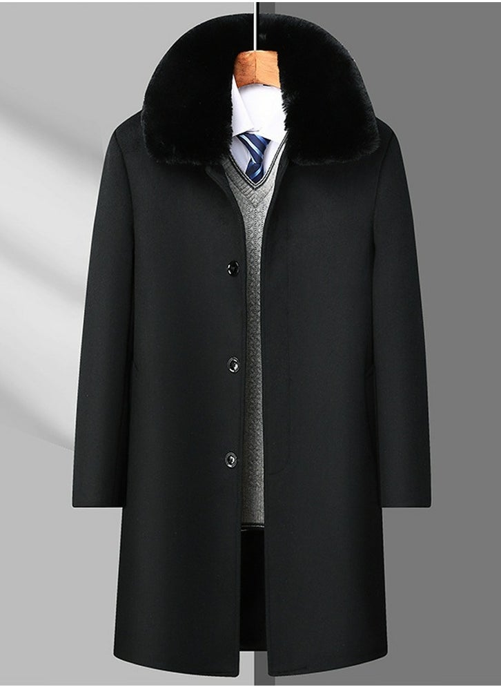 Loquat - Men's Thickened Woolen Casual Coat With Detachable Fur Collar Jacket Overcoat with Pockets Black - Image 1