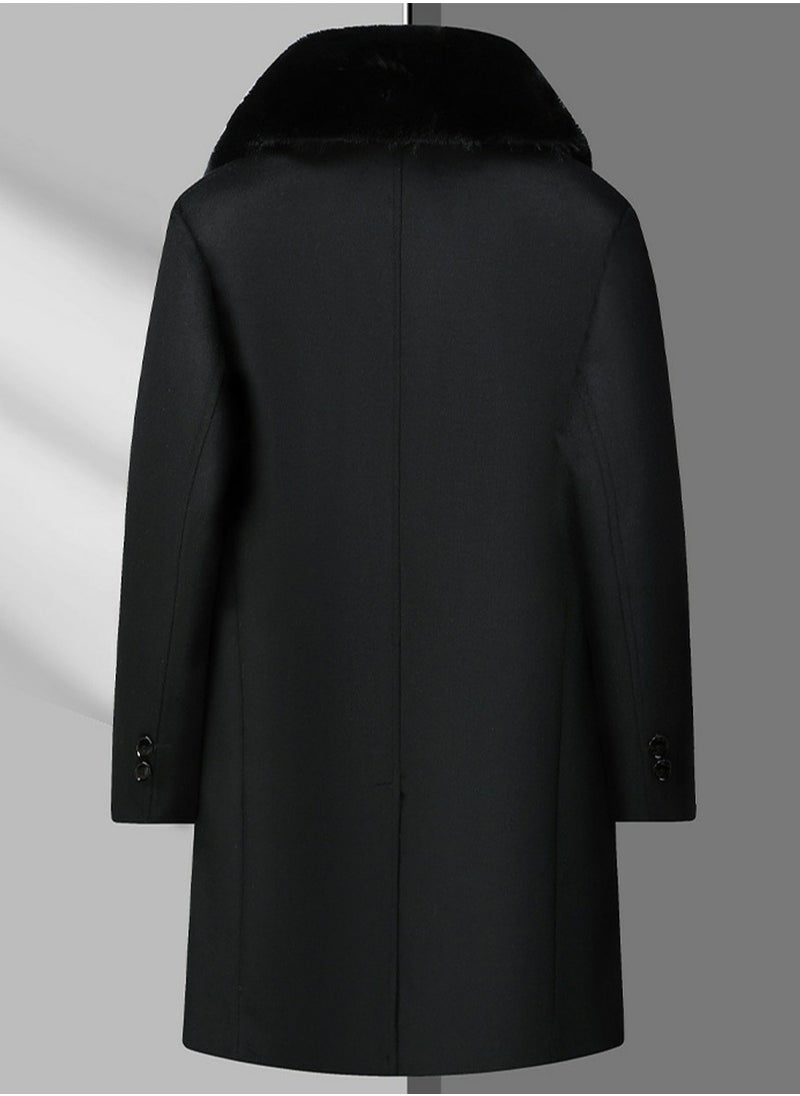 Loquat - Men's Thickened Woolen Casual Coat With Detachable Fur Collar Jacket Overcoat with Pockets Black - Image 1