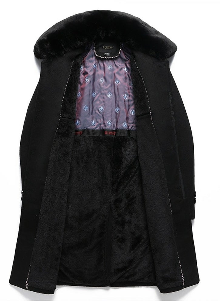 Loquat - Men's Thickened Woolen Casual Coat With Detachable Fur Collar Jacket Overcoat with Pockets Black - Image 1