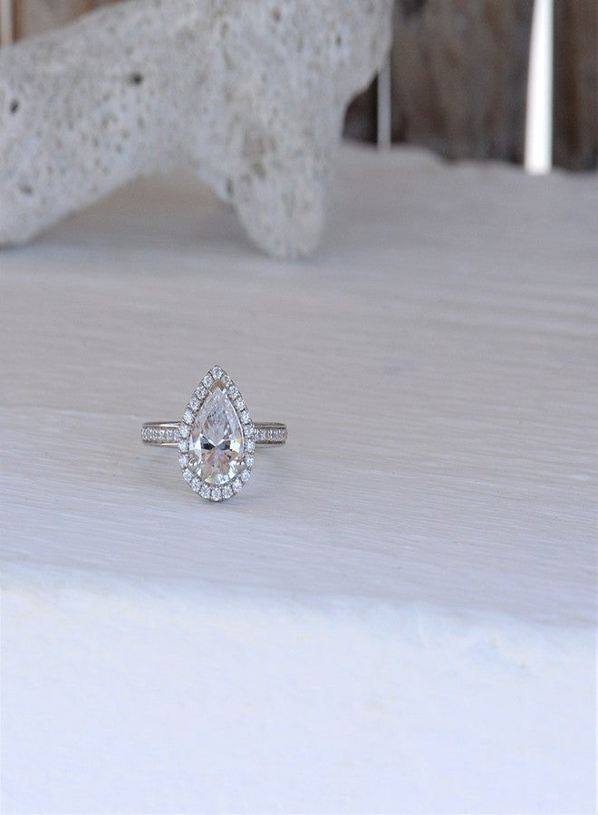 LEMON GRASS 3 Ct Pear Shaped Cubic Zirconia Solitaire Engagement Ring Pave Thin Band in Sterling Silver Size 6 - Image 4