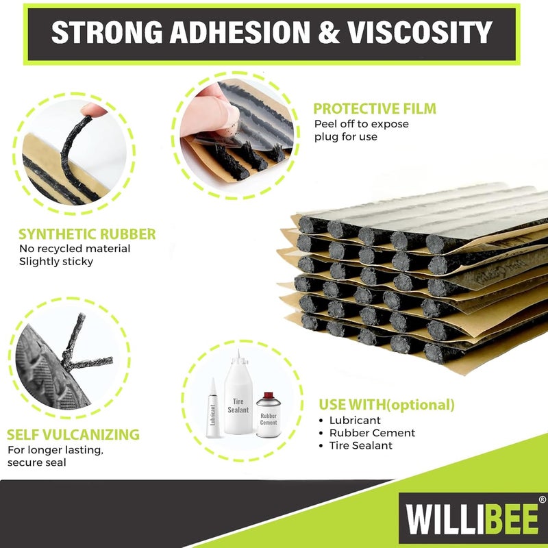 WILLIBEE (Pack of 60 Strips) Premium Heavy Duty Tubeless Tyre Puncture Repair Strips, 60 Black Puncher Repair Seal Strips for Car, Bike, SUV, & Motorcycle - Image 2