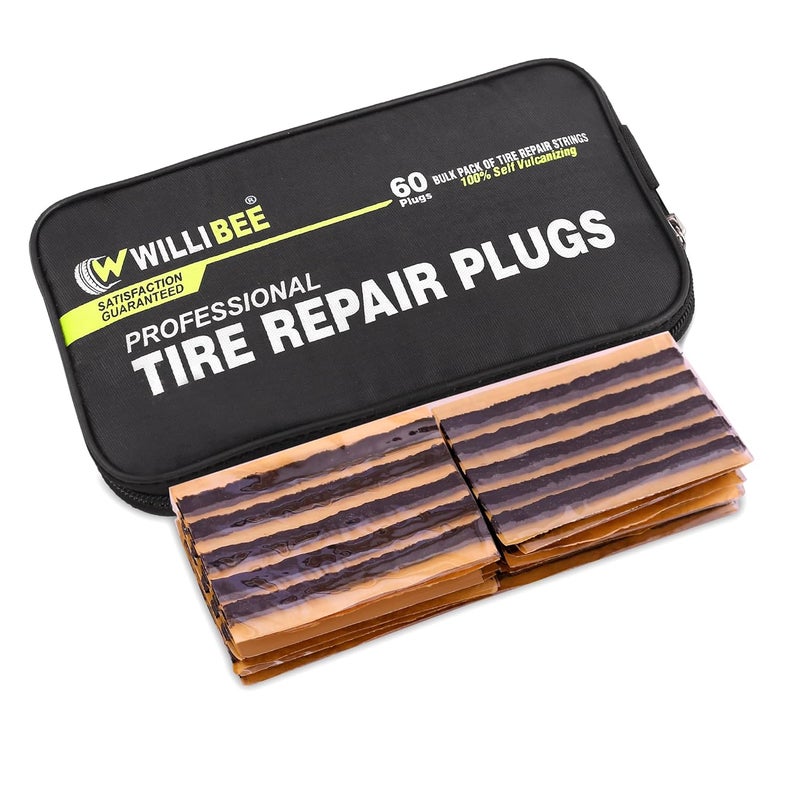WILLIBEE (Pack of 60 Strips) Premium Heavy Duty Tubeless Tyre Puncture Repair Strips, 60 Black Puncher Repair Seal Strips for Car, Bike, SUV, & Motorcycle - Image 1