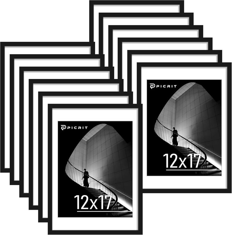 Picrit 12x17 Picture Frame Set of 12, Display 11 x 14 with Mat or 12 x 17 without Mat, Photo Frames for Wall Mounting Display, Black - Image 1