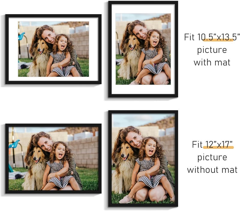 Picrit 12x17 Picture Frame Set of 12, Display 11 x 14 with Mat or 12 x 17 without Mat, Photo Frames for Wall Mounting Display, Black - Image 3