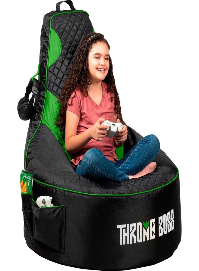 Throne Boss Gaming Bean Bag Chair Cover for Kids with High Back, Green - Gamer chair for kids with 2 x Large Side Pockets, Headphone Hanger, Easy to Clean Fabric, requires 200 Liters Polystyrene Beans - Image 1