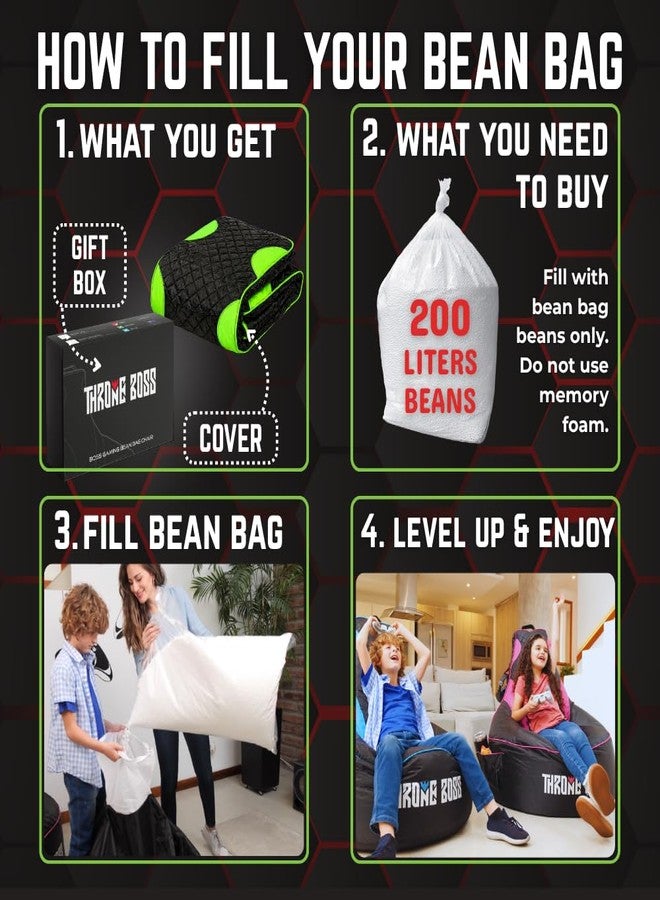 Throne Boss Gaming Bean Bag Chair Cover for Kids with High Back, Green - Gamer chair for kids with 2 x Large Side Pockets, Headphone Hanger, Easy to Clean Fabric, requires 200 Liters Polystyrene Beans - Image 4