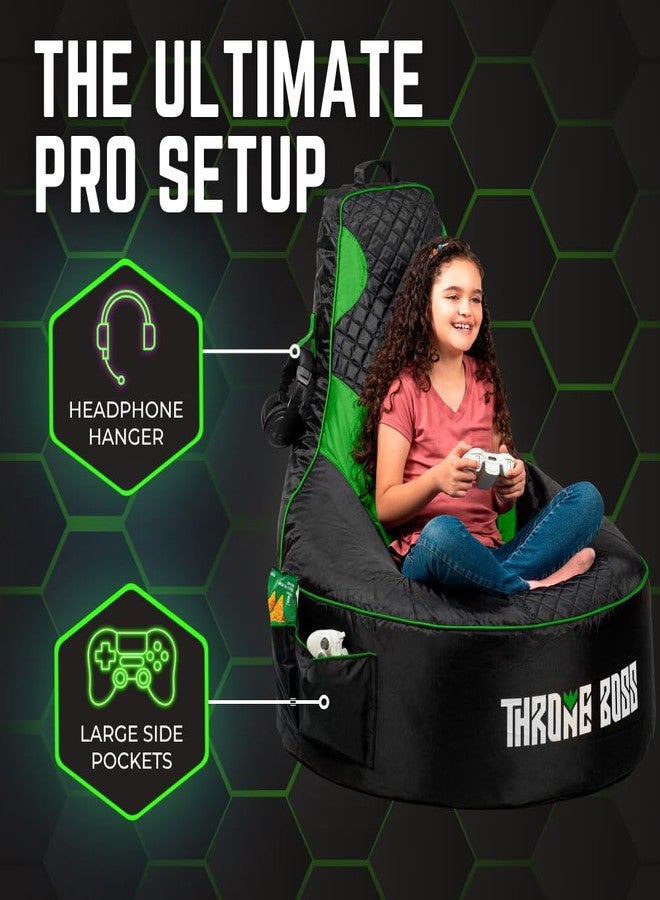 Throne Boss Gaming Bean Bag Chair Cover for Kids with High Back, Green - Gamer chair for kids with 2 x Large Side Pockets, Headphone Hanger, Easy to Clean Fabric, requires 200 Liters Polystyrene Beans - Image 5