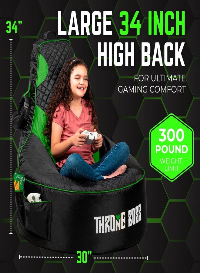Throne Boss Gaming Bean Bag Chair Cover for Kids with High Back, Green - Gamer chair for kids with 2 x Large Side Pockets, Headphone Hanger, Easy to Clean Fabric, requires 200 Liters Polystyrene Beans - Image 2