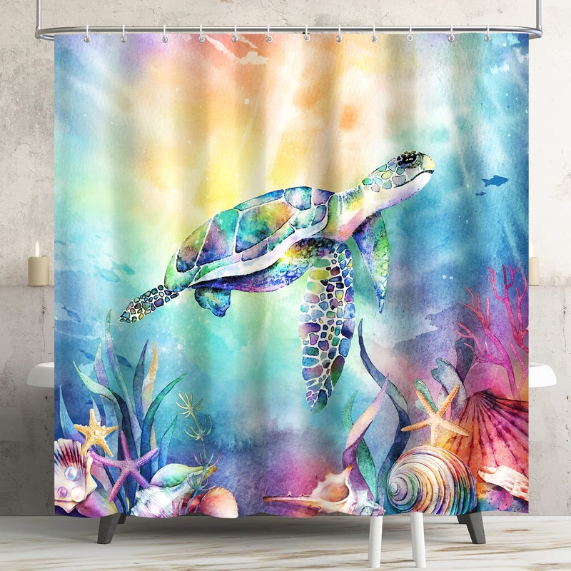 Blue Ocean Shower Curtain Teal Sea Turtle Shower Curtains for Bathroom Waterproof Fabric Shower Curtain Set with Hooks Nautical Coastal Navy Beach Shower Curtains Ocean Bathroom Decor 72x72 In