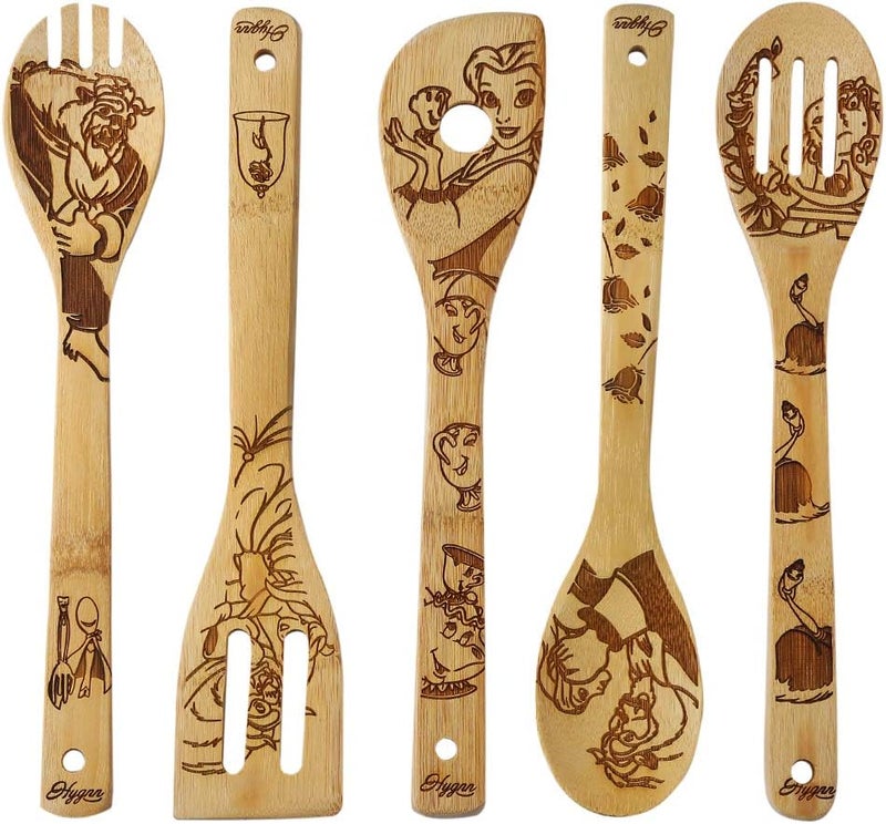 HYGNN Beauty and the Beast Burned Wooden Spoons Cooking &Serving Utensils Set Bamboo Spoon Slotted Kitchen Utensil Fun Gift Idea Warming Present (Set of 5) - Image 1