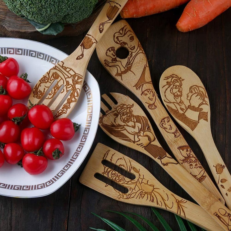 HYGNN Beauty and the Beast Burned Wooden Spoons Cooking &Serving Utensils Set Bamboo Spoon Slotted Kitchen Utensil Fun Gift Idea Warming Present (Set of 5) - Image 4