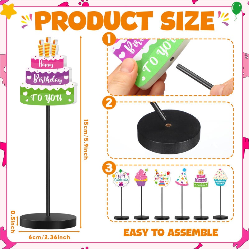 DoubleFill 6 Pcs Colorful Birthday Party Decoration Happy Birthday Table Standing Sign Decor for Centerpieces Celebration Wooden Sign Single-sided Printed Tabletop Decor for Party Favor Supplies - Image 2