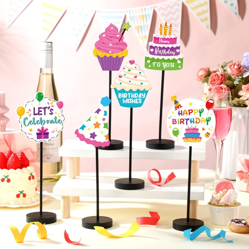 DoubleFill 6 Pcs Colorful Birthday Party Decoration Happy Birthday Table Standing Sign Decor for Centerpieces Celebration Wooden Sign Single-sided Printed Tabletop Decor for Party Favor Supplies - Image 3