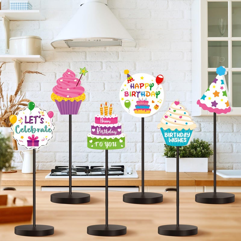 DoubleFill 6 Pcs Colorful Birthday Party Decoration Happy Birthday Table Standing Sign Decor for Centerpieces Celebration Wooden Sign Single-sided Printed Tabletop Decor for Party Favor Supplies - Image 1