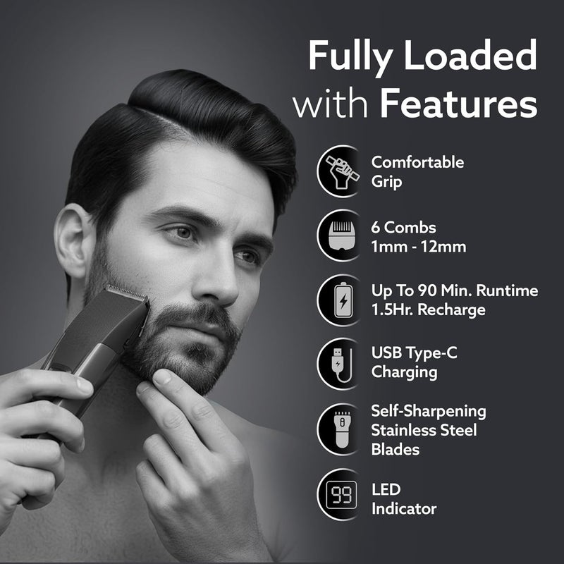 AGARO Beard Trimmer MT5005, 90 mins run time with Type C, 6 comb attachments, Self sharpening blades | Trimmer for Men - Image 2