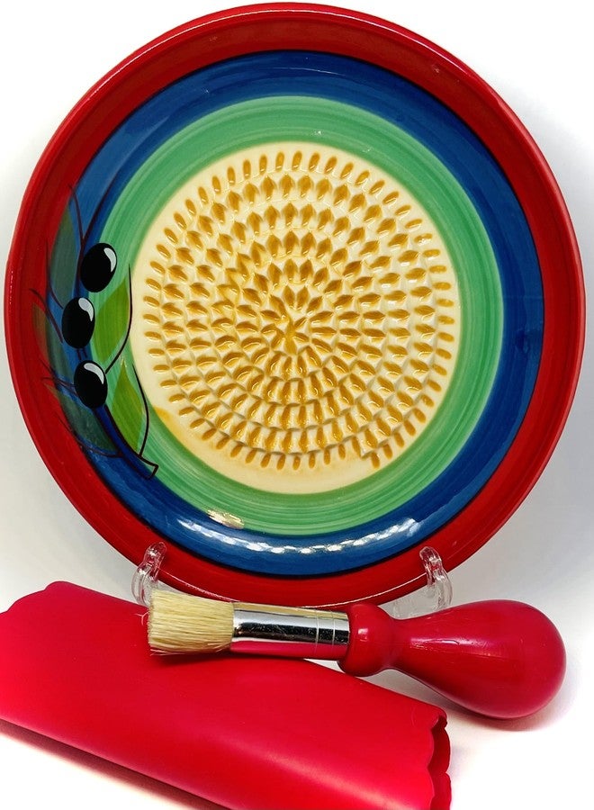 BonCera, All-in-one Premium Ceramic Garlic Grater Plate 4-Piece Set - Multicolor Olive Design - For Garlic, Ginger, Chocolate, and more! - Comes with 5.25" Plate, Peeler, Brush, and Stand - Image 1