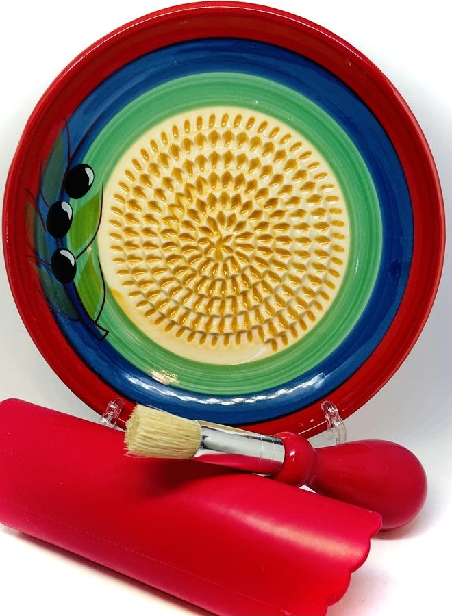 BonCera, All-in-one Premium Ceramic Garlic Grater Plate 4-Piece Set - Multicolor Olive Design - For Garlic, Ginger, Chocolate, and more! - Comes with 5.25" Plate, Peeler, Brush, and Stand - Image 2