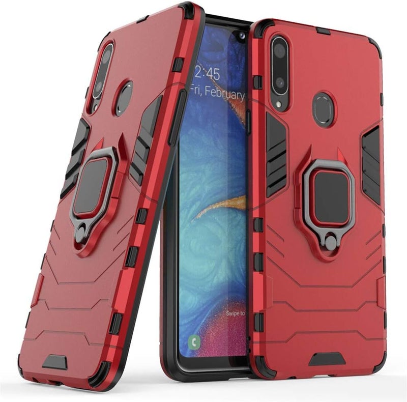 مايجين غطاء متوافق مع Galaxy A20S، غطاء صلب مقاوم للصدمات مع حلقة معدنية وحامل قابل للطي (يعمل مع حامل السيارة المغناطيسي) طبقة مزدوجة متينة لـ Samsung Galaxy A20s (أحمر) - Image 1