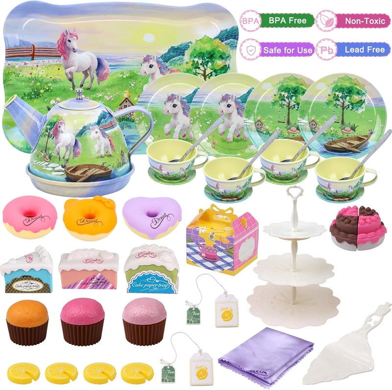 PRE-WORLD Tea Party Set for Little Girls,50PCS Princess Horse Tea Time Toy Including Food Sweet Treats Playsets,Teapot Tray Cake,Tablecloth & Carrying Case,Kids Kitchen Pretend Play for Girls Boys Age 3 4 5 6 - Image 3