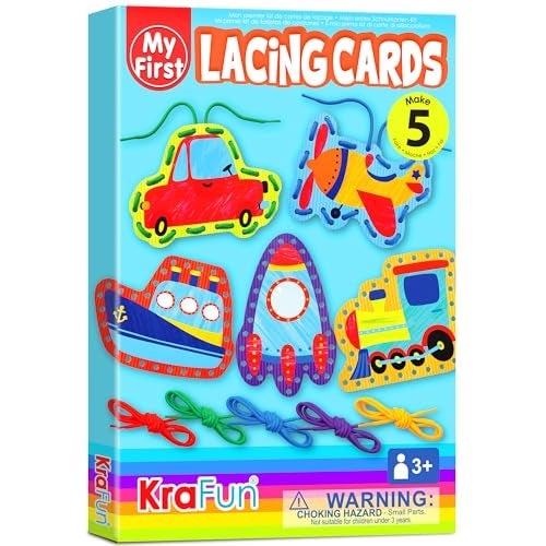 KRAFUN Preschool Beginner First Lacing Card Kit for Kids Training Arts & Crafts, 5 Easy Transport and Cars Lacing Projects, Craft Paper Cards for Toddlers, Fine Motor Skills Toys - Image 1