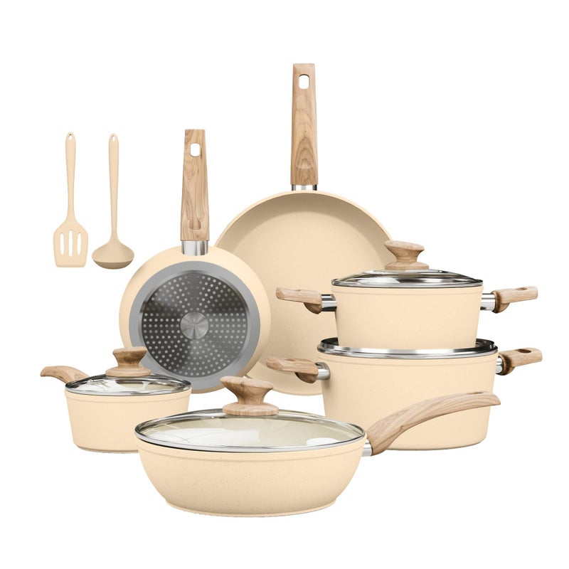 Kitchen Academy 12-Piece Induction Cookware Set, Nonstick Granite Pots and Pans in Beige - Image 1