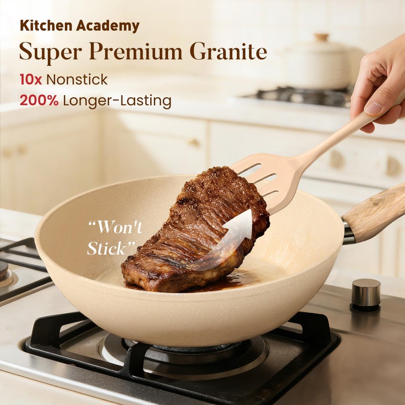 Kitchen Academy 12-Piece Induction Cookware Set, Nonstick Granite Pots and Pans in Beige - Image 2