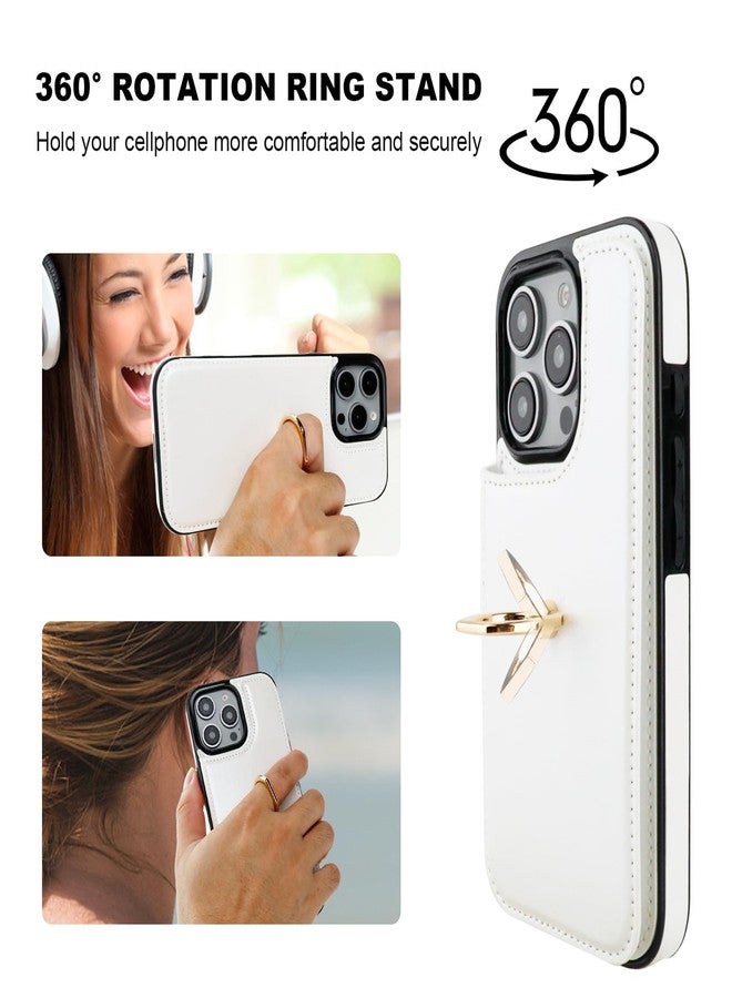 OT ONETOP جراب محفظة Onetop لهاتف iPhone 16 Pro مع حامل بطاقات، وحلقة دوارة 360 درجة، وحامل قابل للطي، وغطاء من الجلد الصناعي PU مقاوم للصدمات مع مشبك مغناطيسي مزدوج، وتقنية حجب RFID، مناسب للنساء والفتيات، مقاس 6.3 بوصة (أبيض). - Image 4