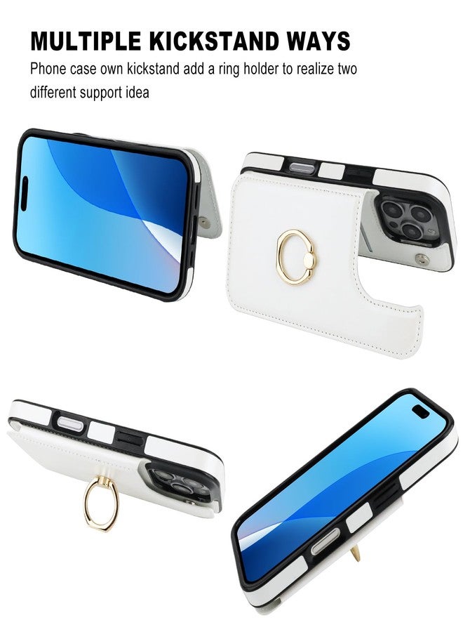 OT ONETOP جراب محفظة Onetop لهاتف iPhone 16 Pro مع حامل بطاقات، وحلقة دوارة 360 درجة، وحامل قابل للطي، وغطاء من الجلد الصناعي PU مقاوم للصدمات مع مشبك مغناطيسي مزدوج، وتقنية حجب RFID، مناسب للنساء والفتيات، مقاس 6.3 بوصة (أبيض). - Image 3