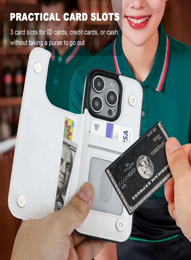OT ONETOP جراب محفظة Onetop لهاتف iPhone 16 Pro مع حامل بطاقات، وحلقة دوارة 360 درجة، وحامل قابل للطي، وغطاء من الجلد الصناعي PU مقاوم للصدمات مع مشبك مغناطيسي مزدوج، وتقنية حجب RFID، مناسب للنساء والفتيات، مقاس 6.3 بوصة (أبيض). - Image 2