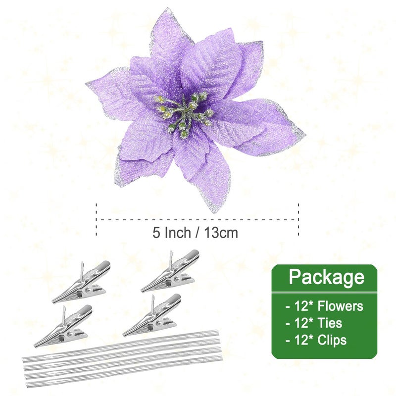 Gardeningwill 12Pcs 5 Inch Glitter Artificial Poinsettia Flowers with Ties for Wedding Christmas Festival Holiday Decor Xmas Wreath Garland Ornament Purple - Image 3