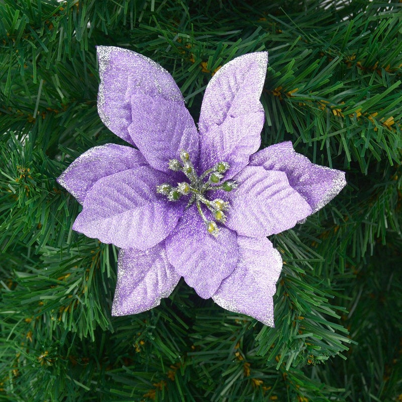 Gardeningwill 12Pcs 5 Inch Glitter Artificial Poinsettia Flowers with Ties for Wedding Christmas Festival Holiday Decor Xmas Wreath Garland Ornament Purple - Image 2